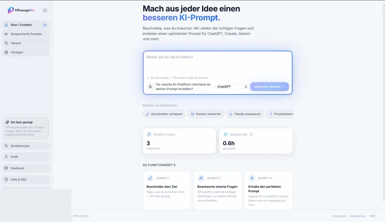 11PromptPro — Ziel eingeben und Interview starten