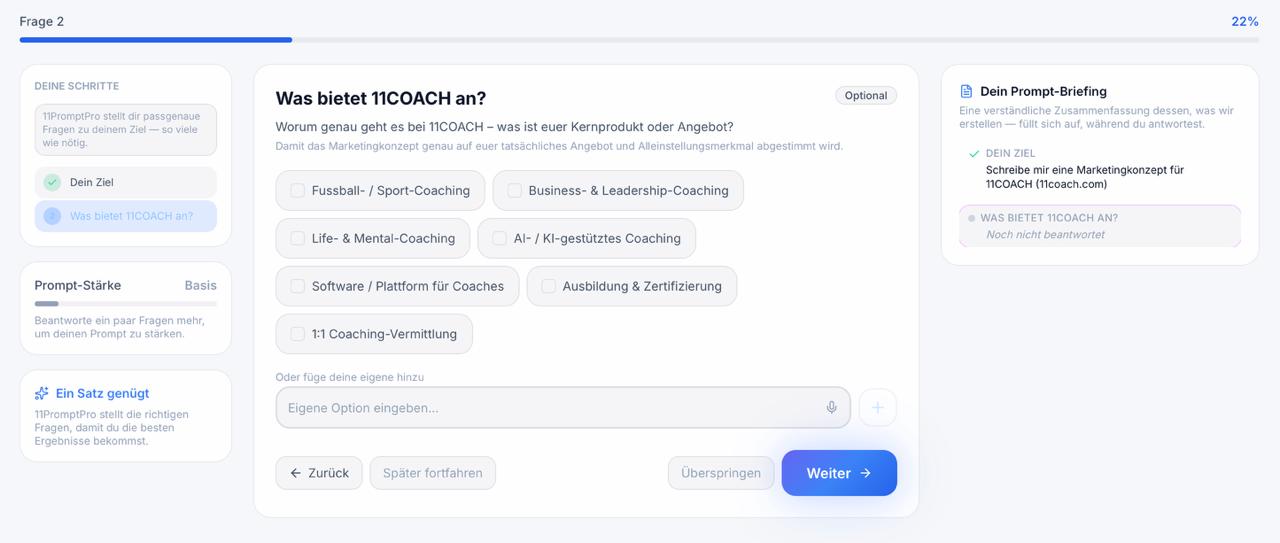 Offene adaptive Frage in 11PromptPro